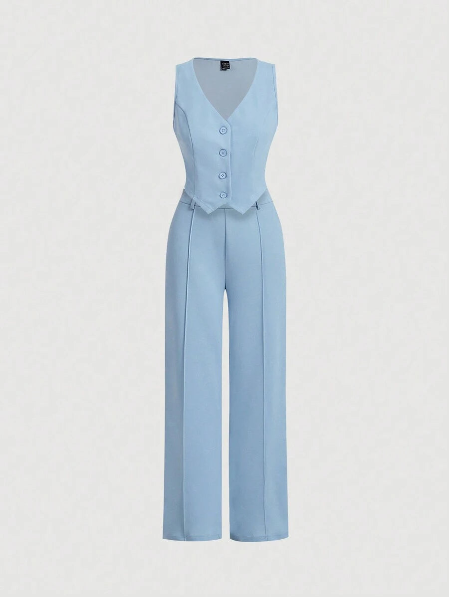 Tailleur Femme Bleu – Veste Boutonnée & Pantalon