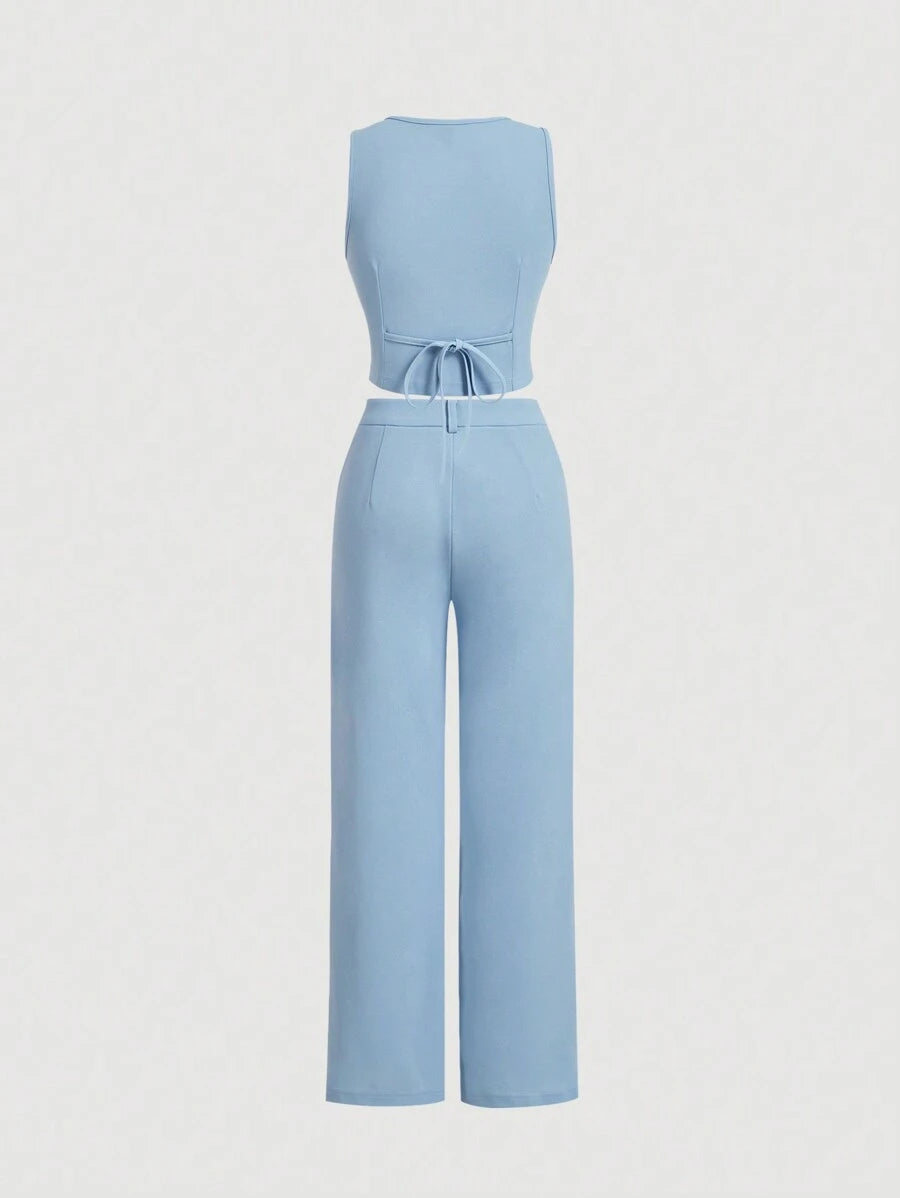 Tailleur Femme Bleu – Veste Boutonnée & Pantalon