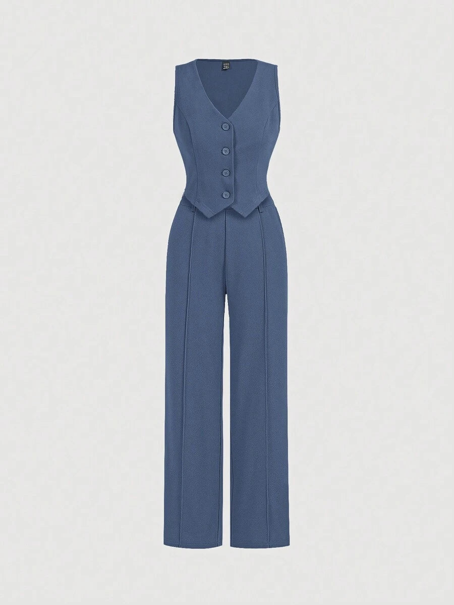 Tailleur Femme Bleu – Veste Boutonnée & Pantalon