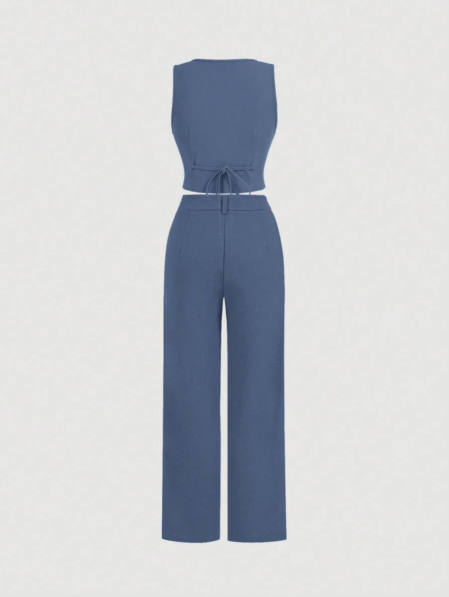 Tailleur Femme Bleu – Veste Boutonnée & Pantalon