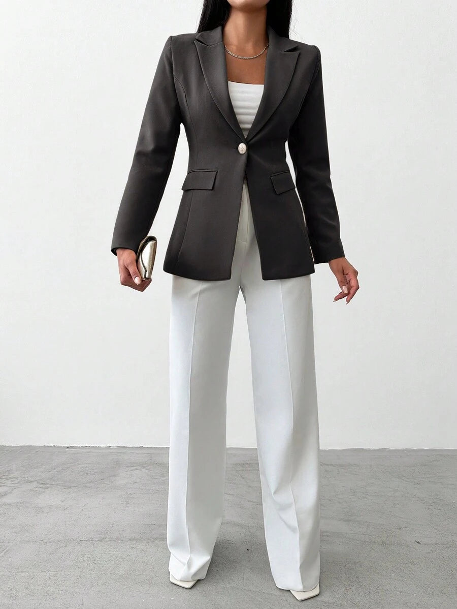 Blazer Femme à Col Revers et Bouton Unique