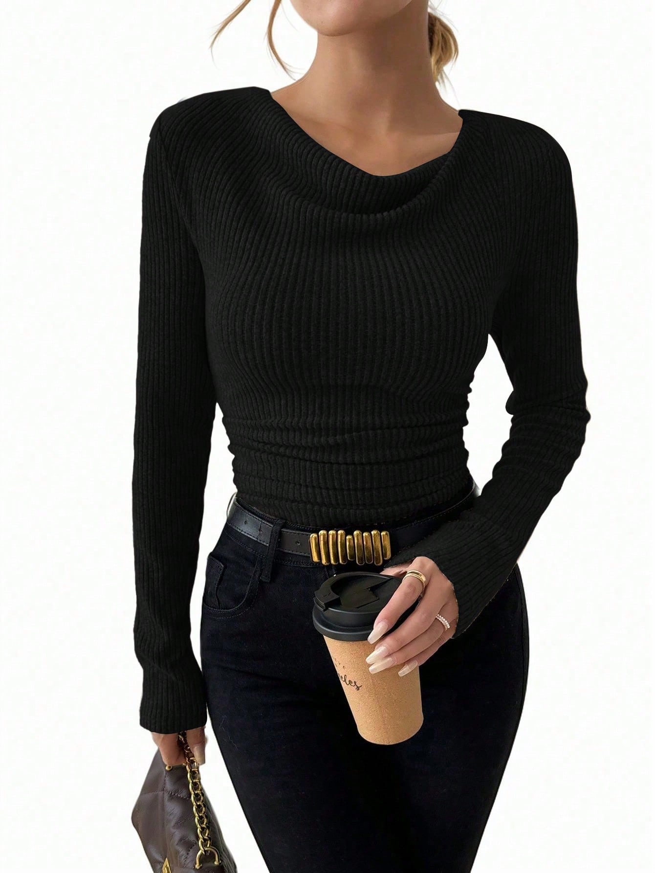 T-shirt Femme Vintage – Col Asymétrique & Manches Longues Slim Fit