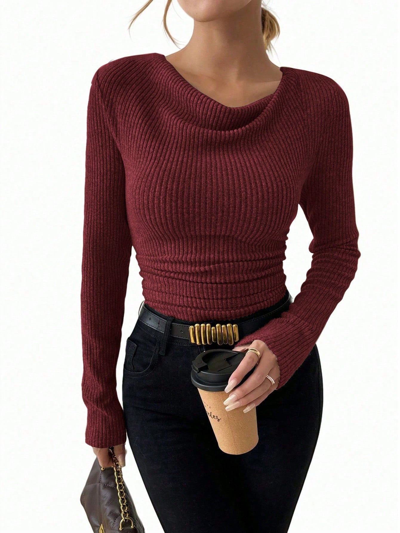 T-shirt Femme Vintage – Col Asymétrique & Manches Longues Slim Fit