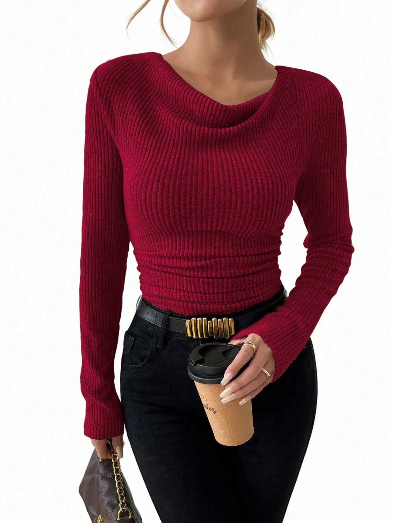 T-shirt Femme Vintage – Col Asymétrique & Manches Longues Slim Fit