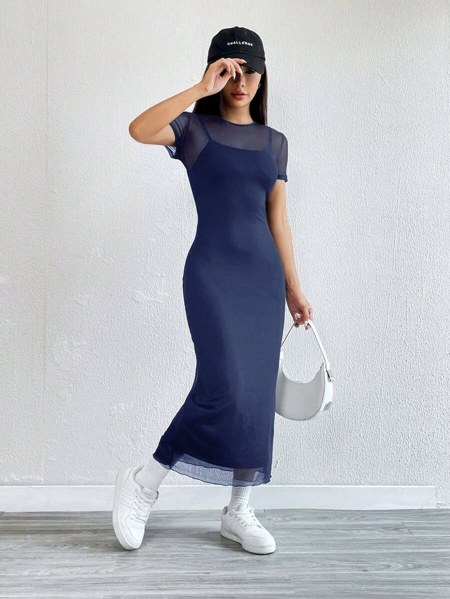 Robe Crayon Maxi en Tulle Contrasté