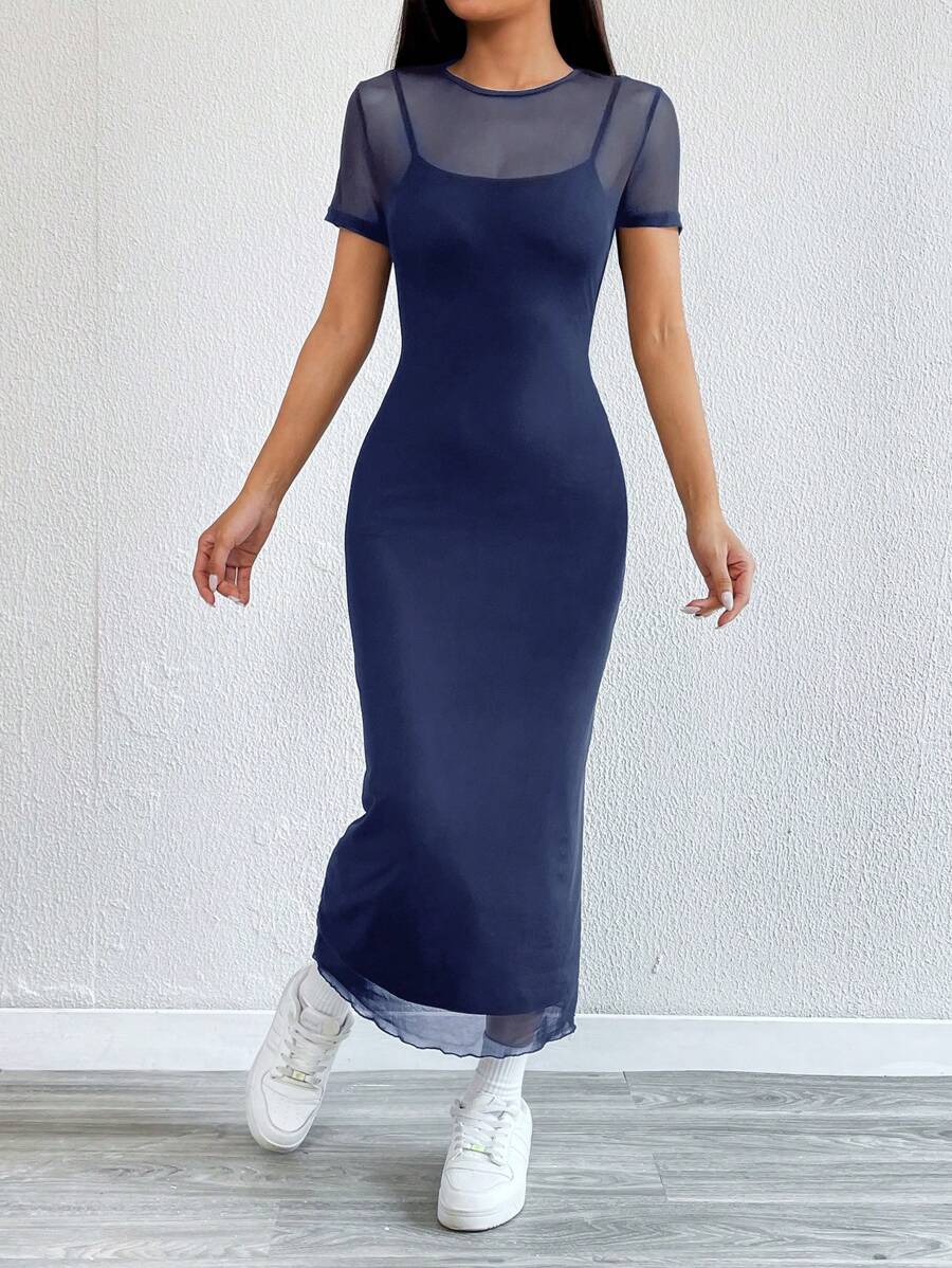 Robe Crayon Maxi en Tulle Contrasté