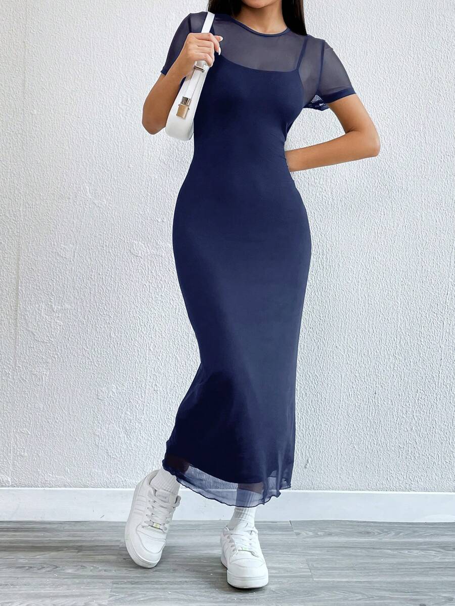 Robe Crayon Maxi en Tulle Contrasté