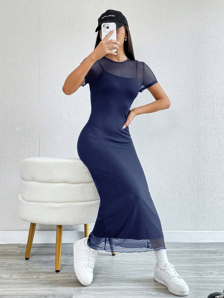 Robe Crayon Maxi en Tulle Contrasté