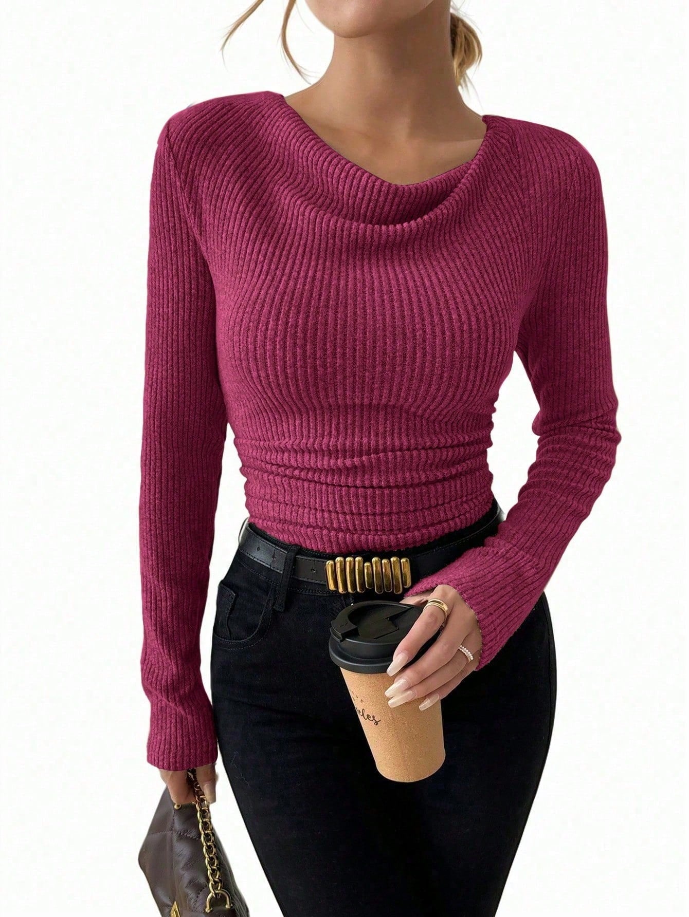 T-shirt Femme Vintage – Col Asymétrique & Manches Longues Slim Fit