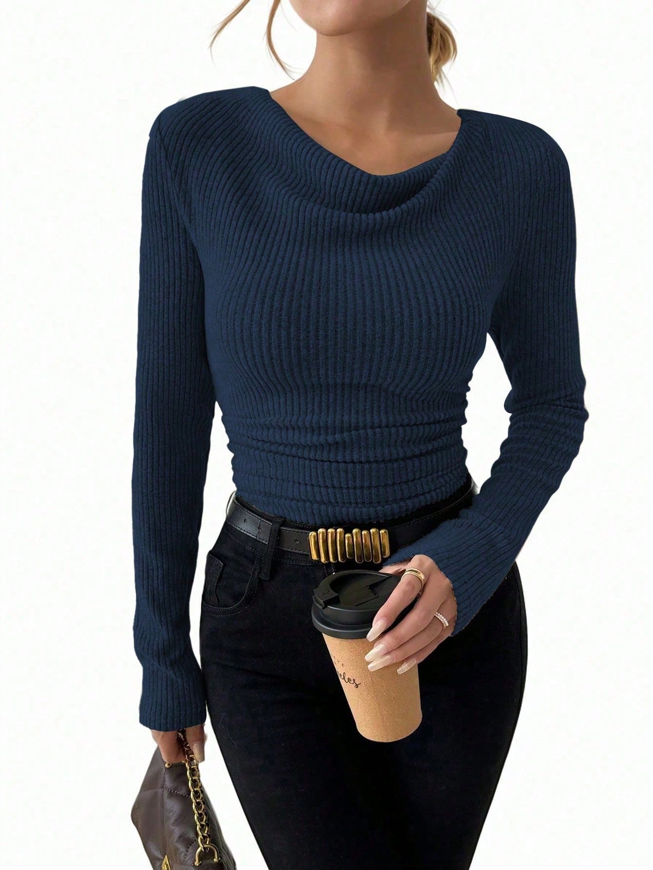 T-shirt Femme Vintage – Col Asymétrique & Manches Longues Slim Fit