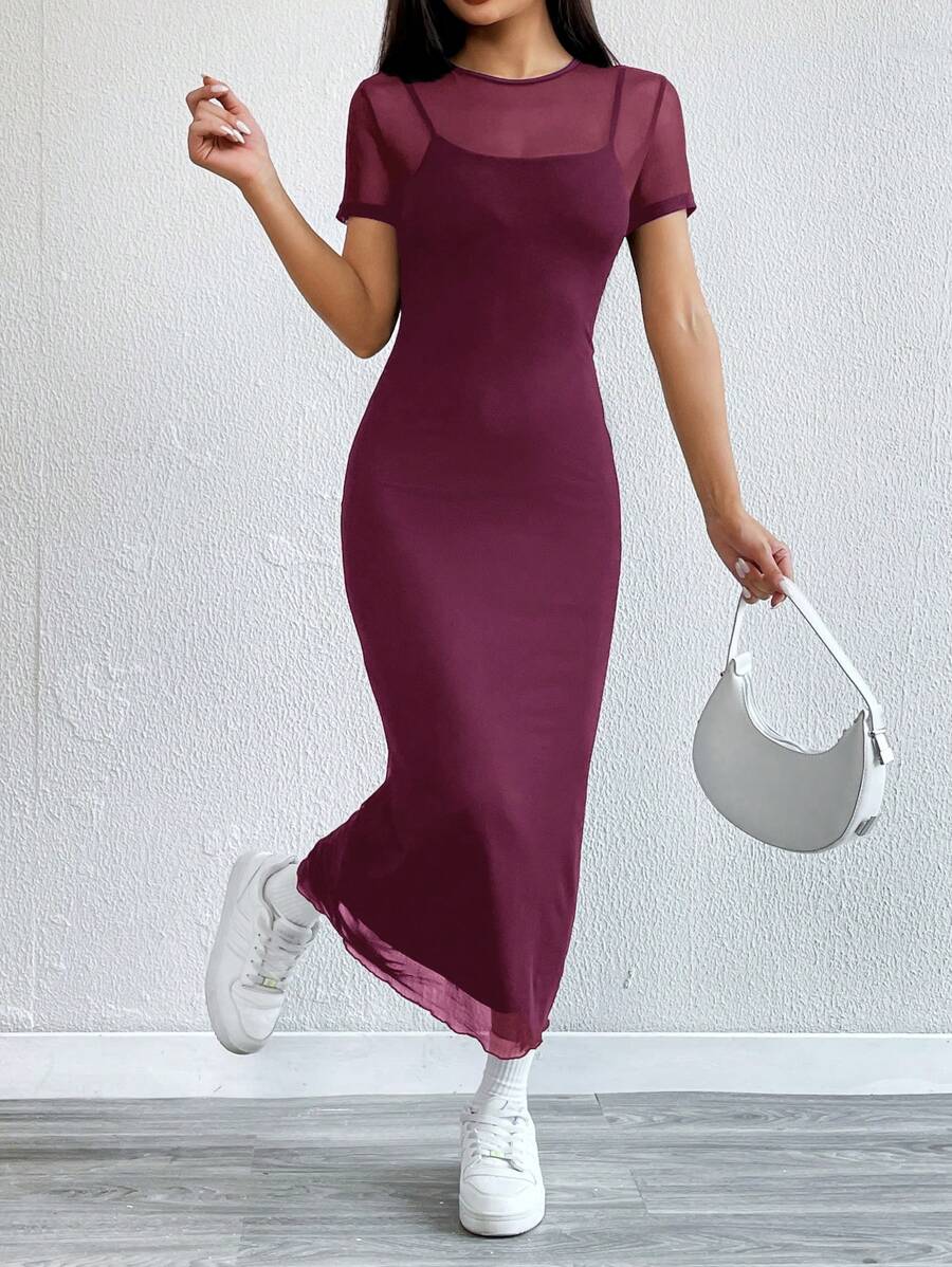 Robe Crayon Maxi en Tulle Contrasté