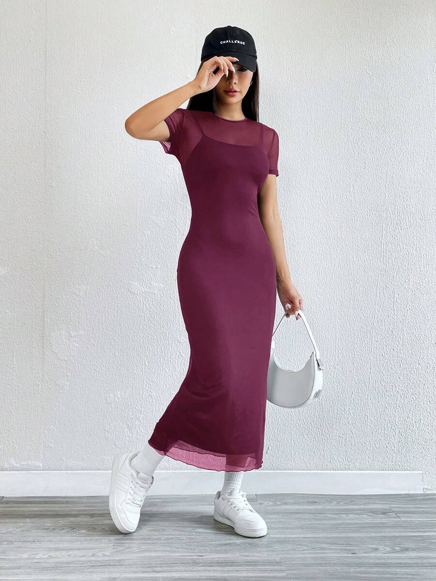 Robe Crayon Maxi en Tulle Contrasté