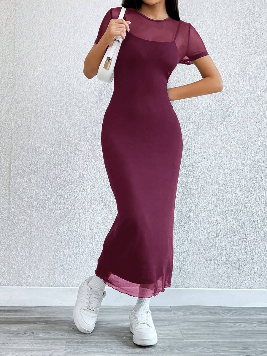 Robe Crayon Maxi en Tulle Contrasté
