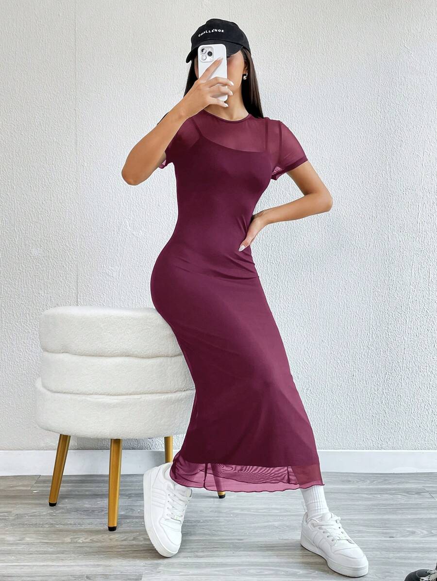 Robe Crayon Maxi en Tulle Contrasté