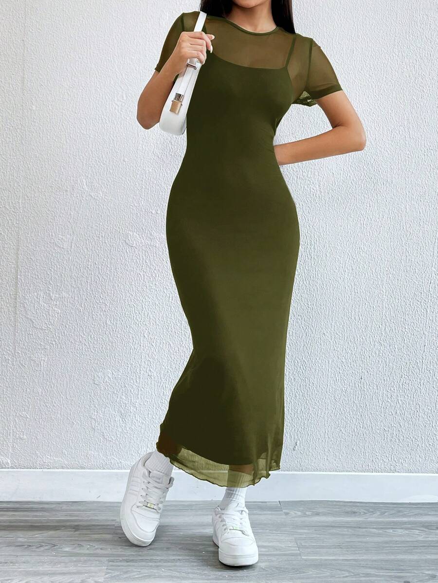 Robe Crayon Maxi en Tulle Contrasté