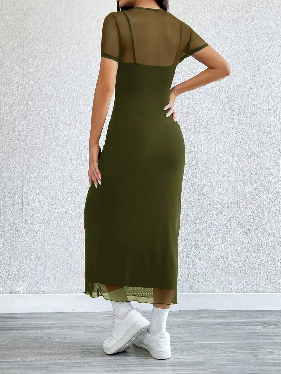 Robe Crayon Maxi en Tulle Contrasté