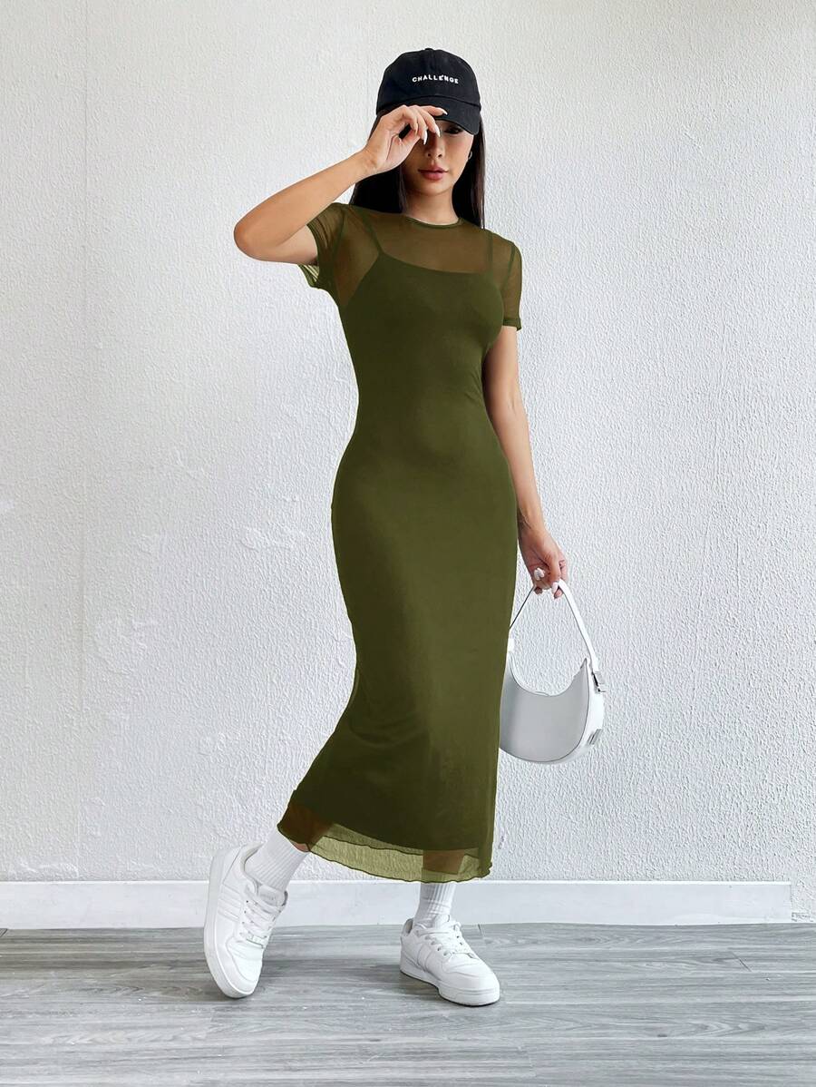 Robe Crayon Maxi en Tulle Contrasté