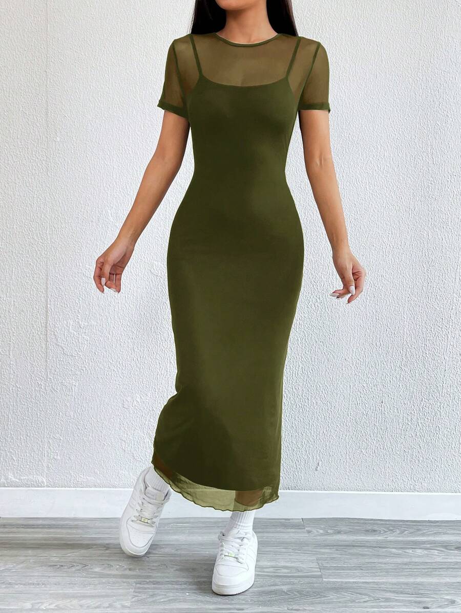 Robe Crayon Maxi en Tulle Contrasté