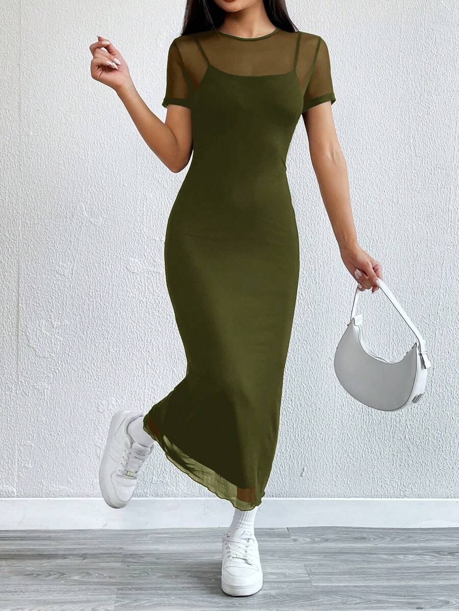 Robe Crayon Maxi en Tulle Contrasté