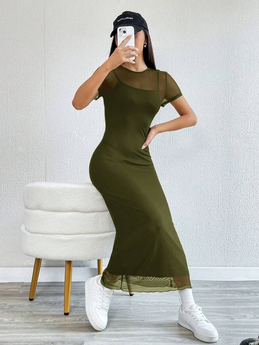 Robe Crayon Maxi en Tulle Contrasté