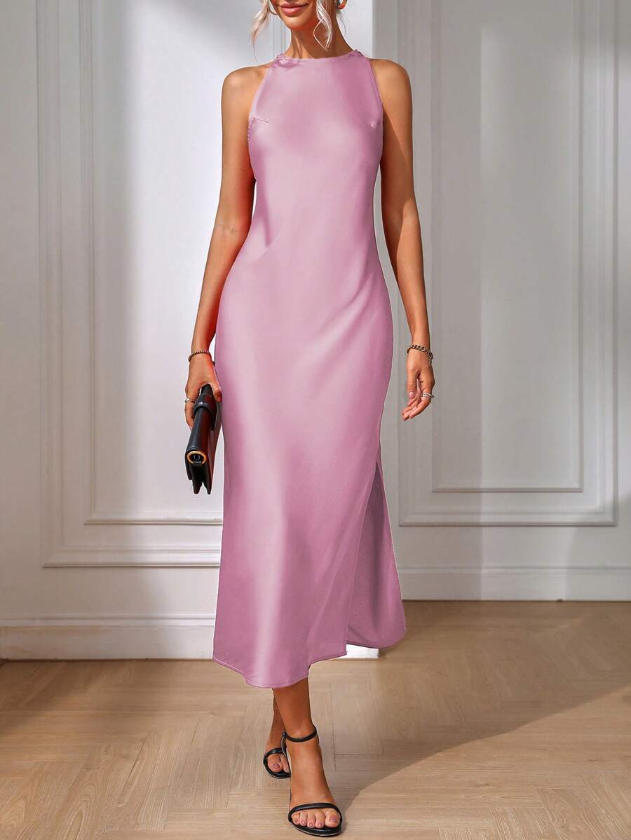 Robe Maxi Fendue Verte Élégante en Soie