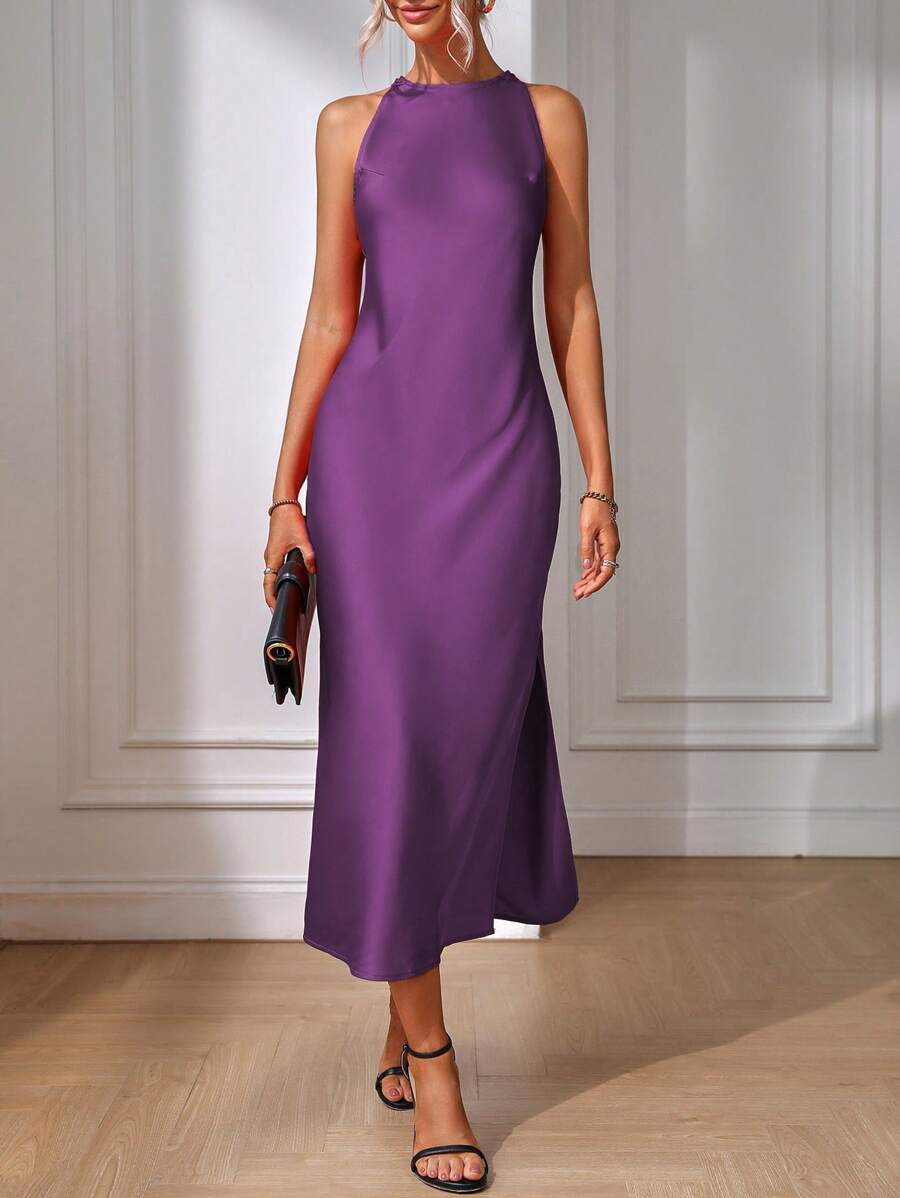 Robe Maxi Fendue Verte Élégante en Soie