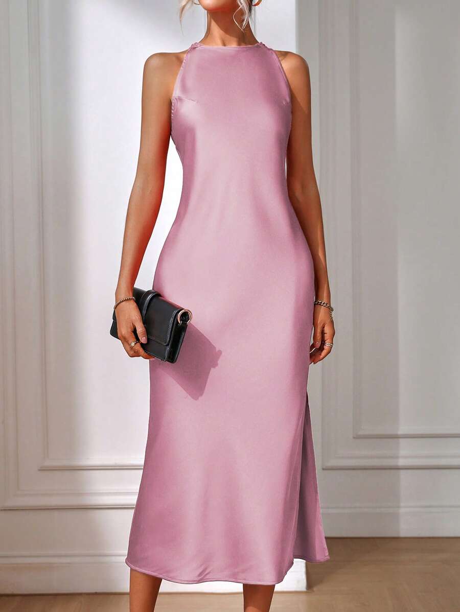 Robe Maxi Fendue Verte Élégante en Soie