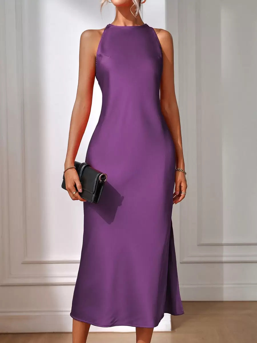 Robe Maxi Fendue Verte Élégante en Soie
