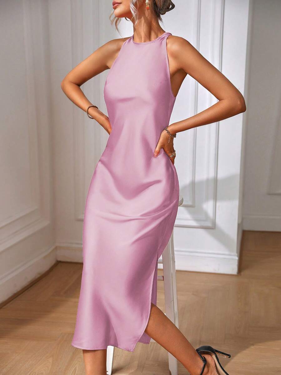 Robe Maxi Fendue Verte Élégante en Soie
