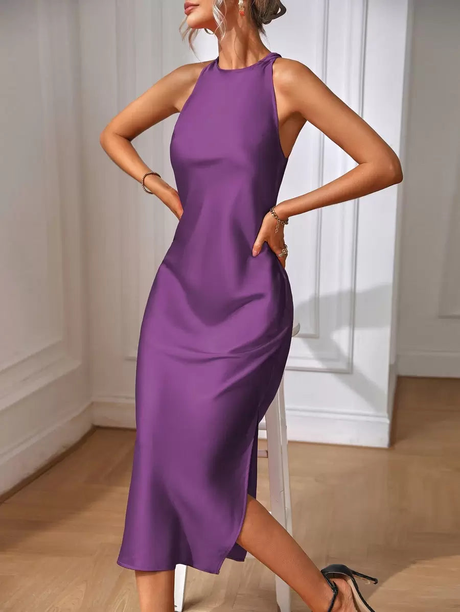 Robe Maxi Fendue Verte Élégante en Soie