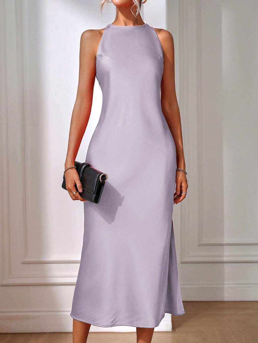 Robe Maxi Fendue Verte Élégante en Soie