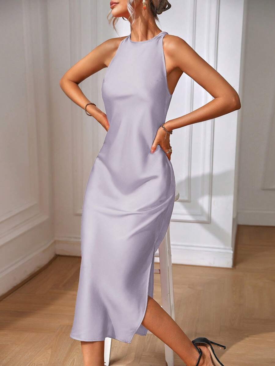 Robe Maxi Fendue Verte Élégante en Soie