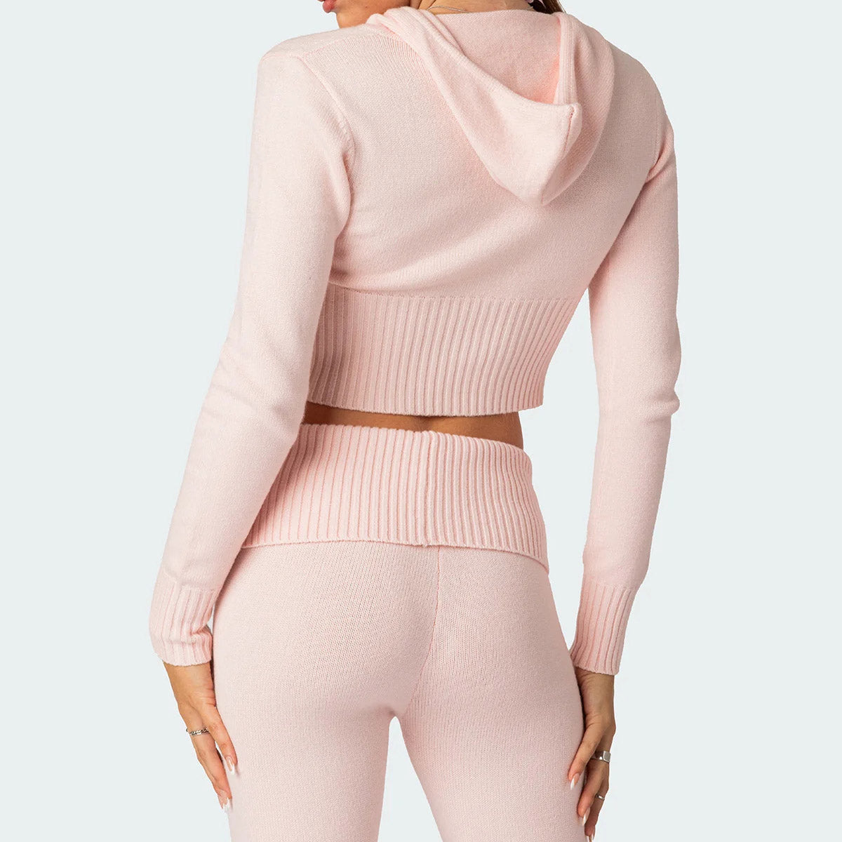 Ensemble Femme Tricoté – Haut Zippé à Capuche & Pantalon Évasé