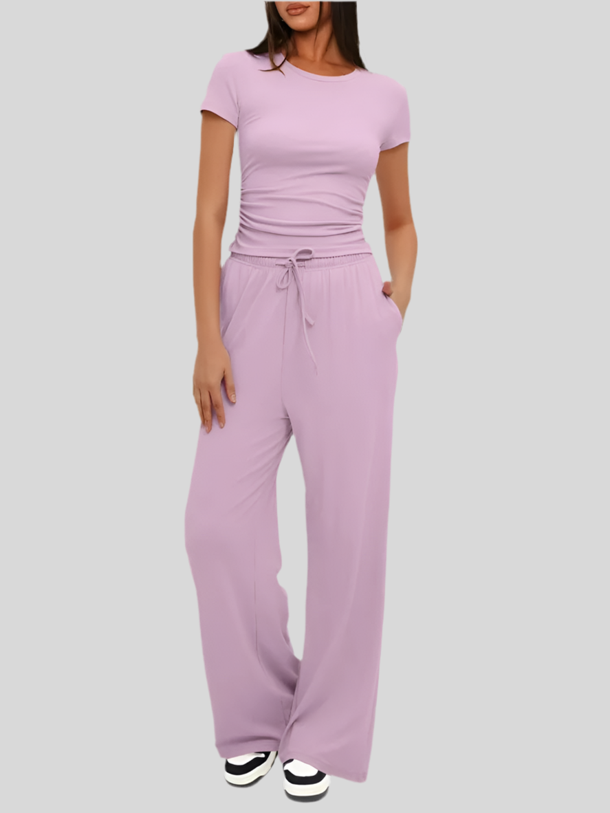 Ensemble Femme Mode 2 Pièces – Top Plissé & Pantalon Sport