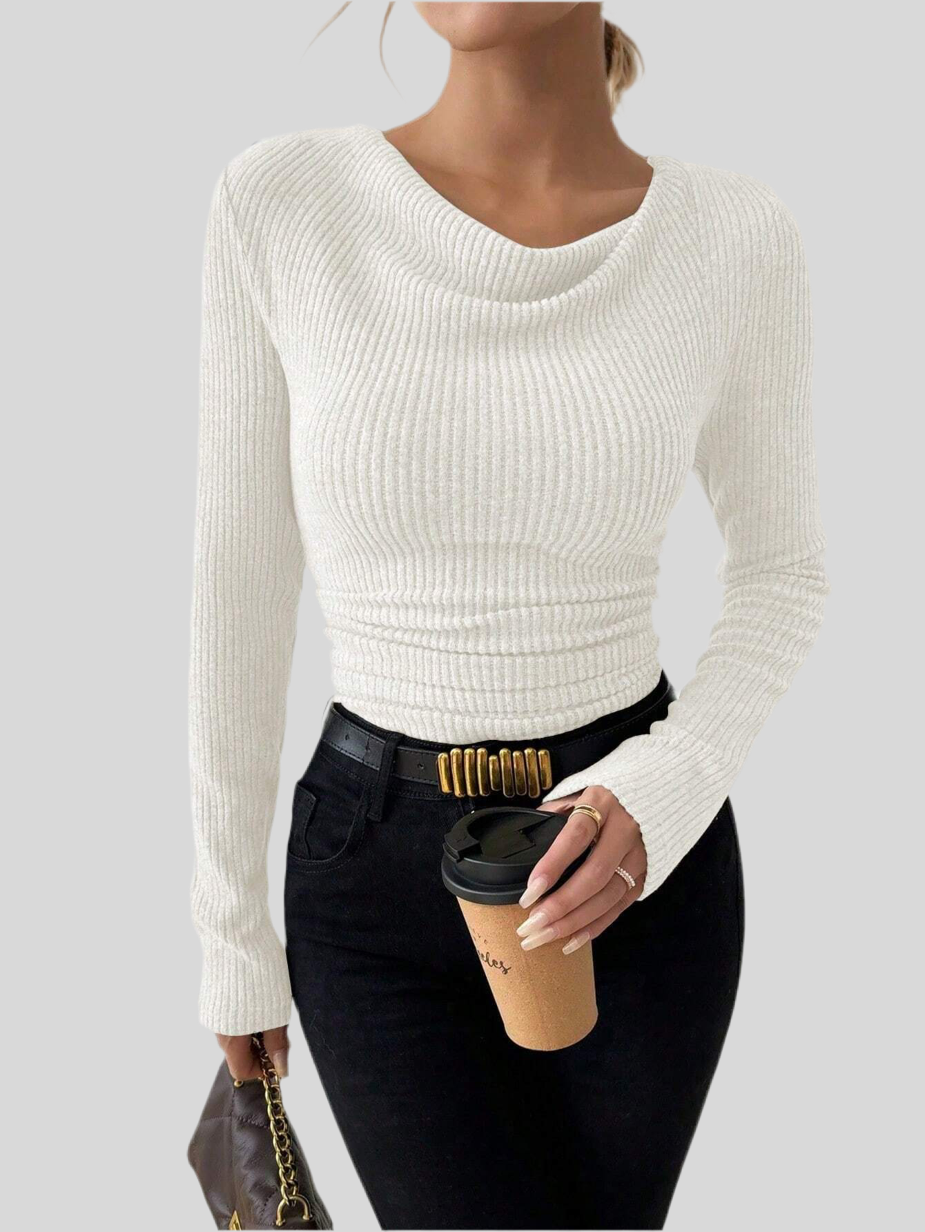 T-shirt Femme Vintage – Col Asymétrique & Manches Longues Slim Fit