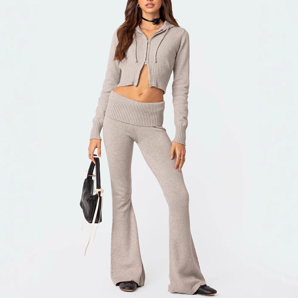 Ensemble Femme Tricoté – Haut Zippé à Capuche & Pantalon Évasé