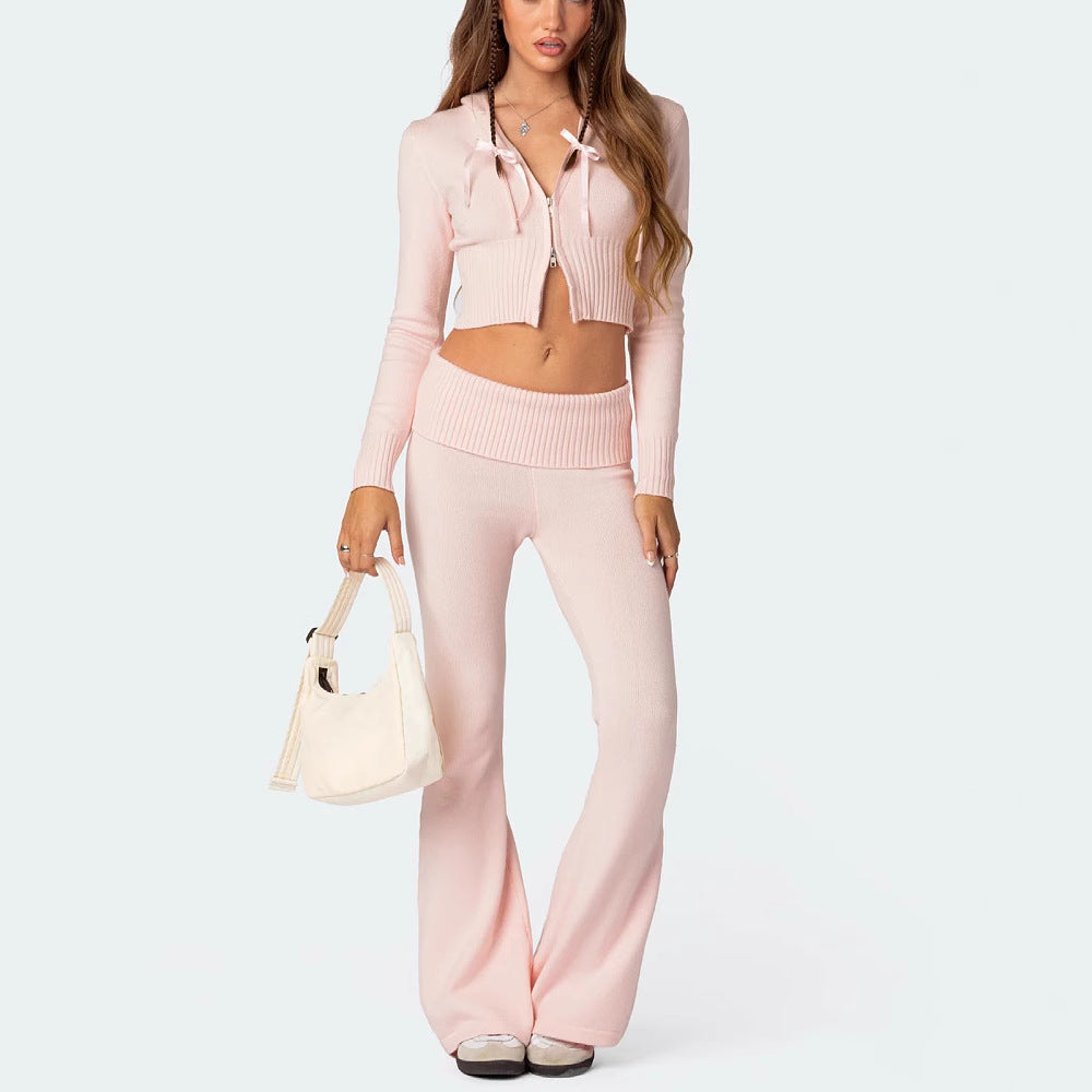 Ensemble Femme Tricoté – Haut Zippé à Capuche & Pantalon Évasé