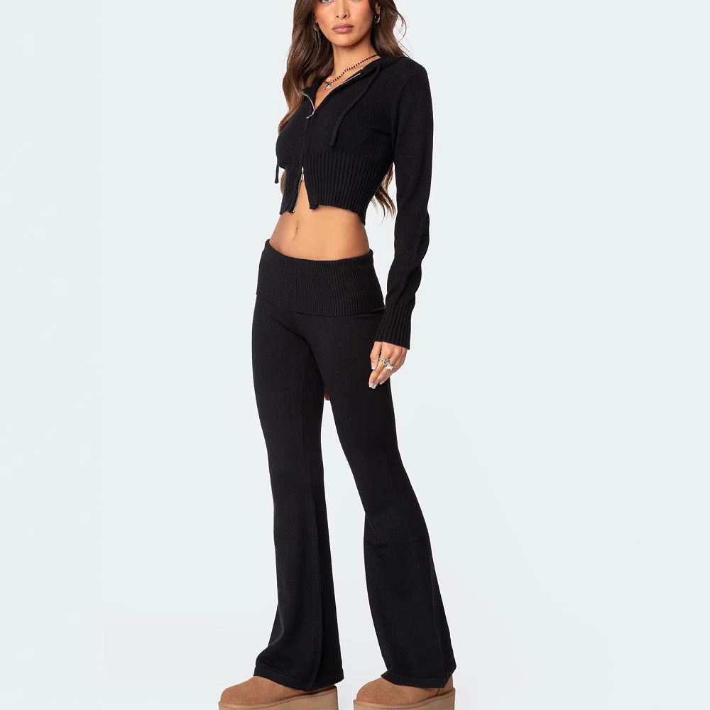 Ensemble Femme Tricoté – Haut Zippé à Capuche & Pantalon Évasé