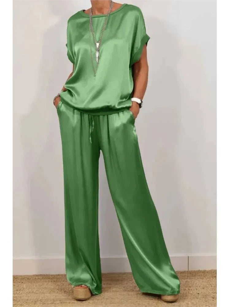 Ensemble Femme Satiné Été – T-shirt & Pantalon Large
