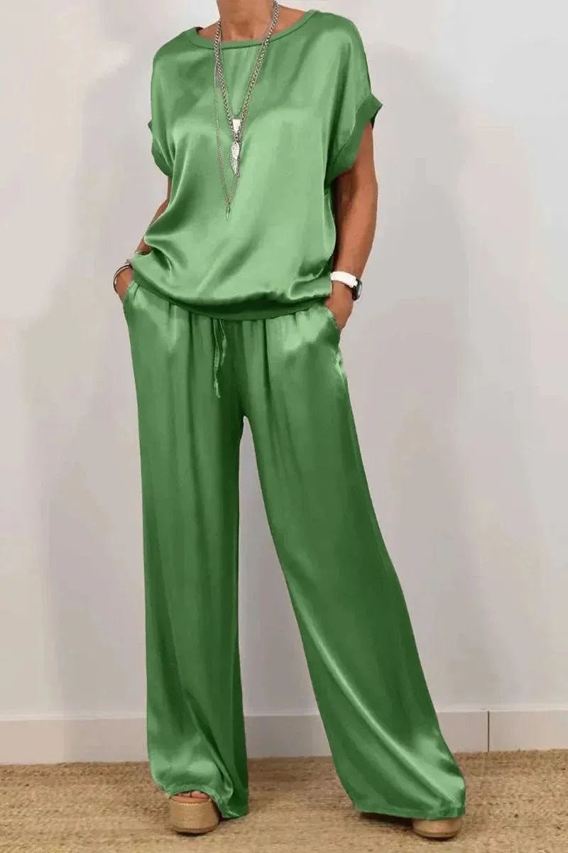 Ensemble Femme Satiné Été – T-shirt & Pantalon Large