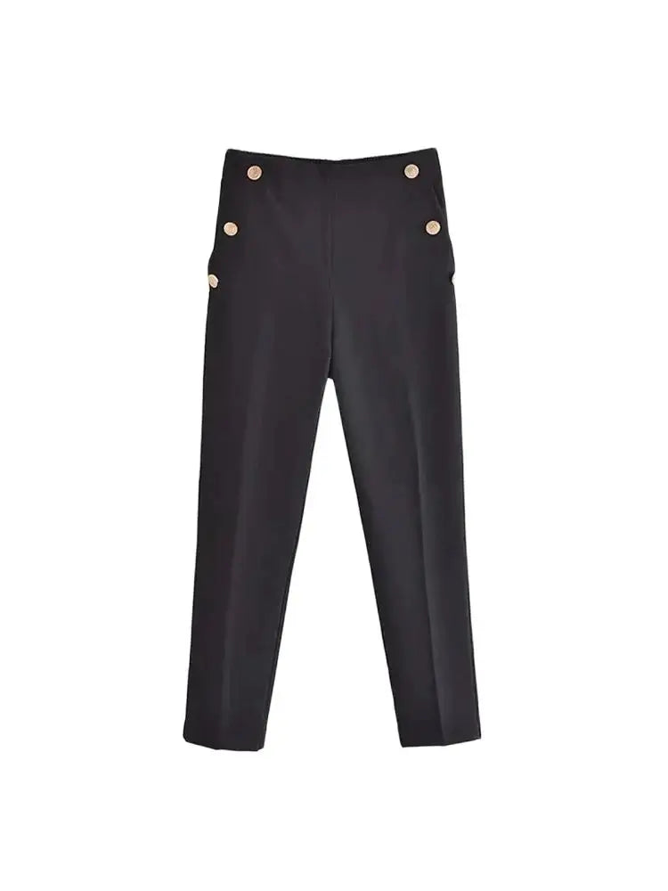 Pantalon Femme Vintage – Boutons Métalliques & Taille Haute