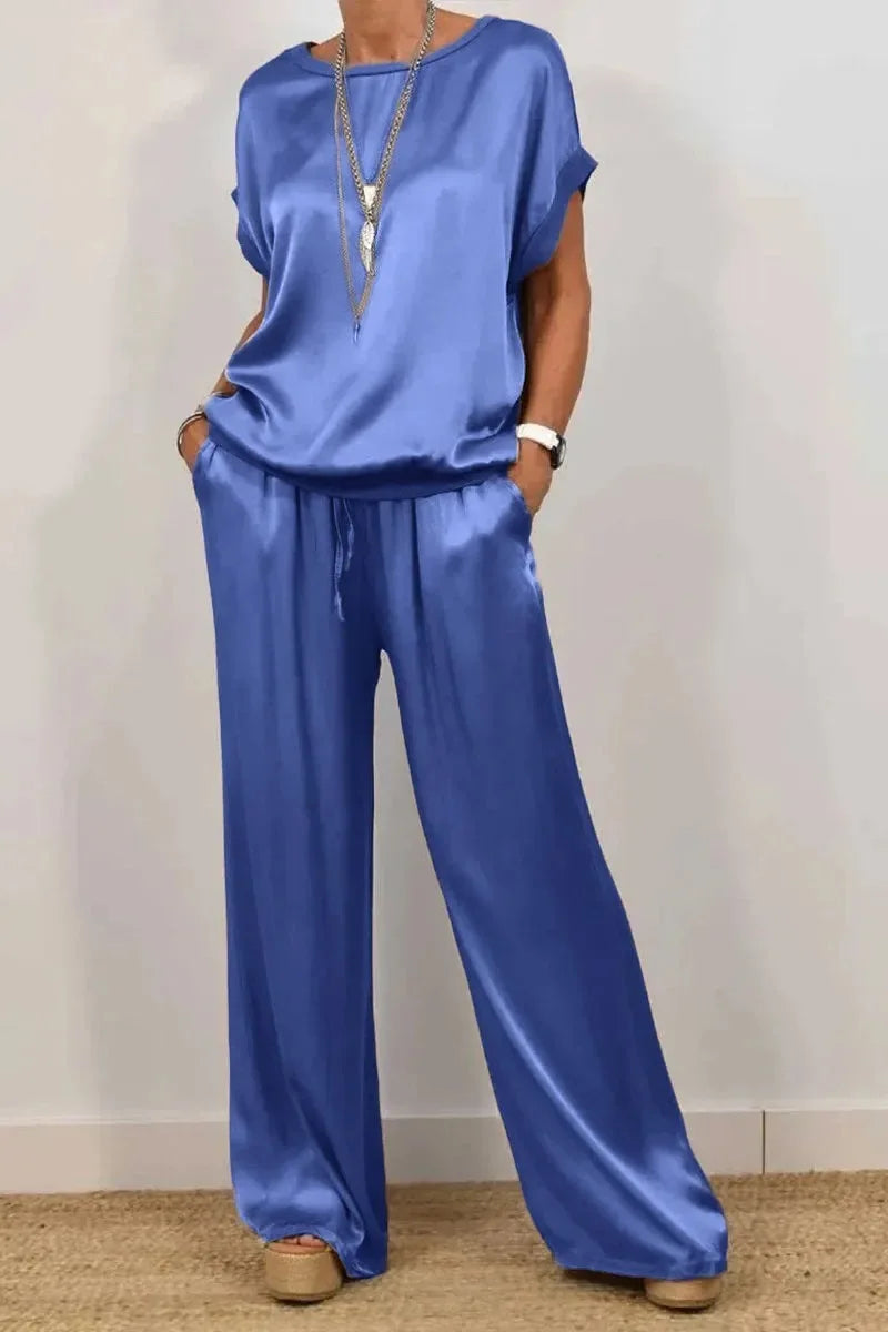 Ensemble Femme Satiné Été – T-shirt & Pantalon Large