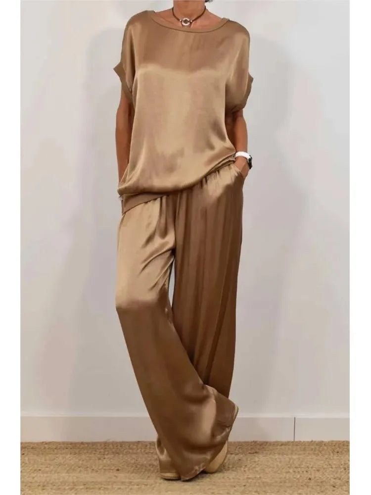 Ensemble Femme Satiné Été – T-shirt & Pantalon Large