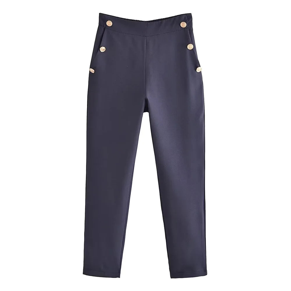 Pantalon Femme Vintage – Boutons Métalliques & Taille Haute