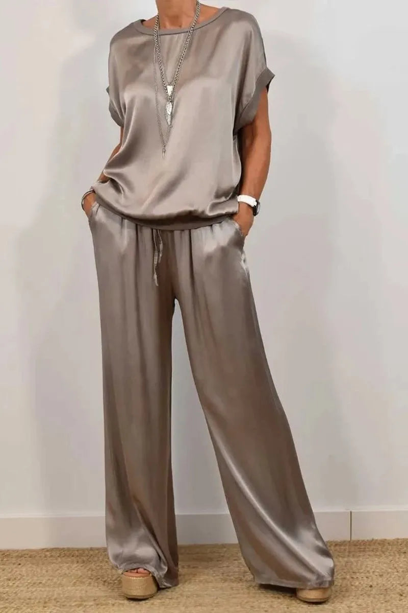 Ensemble Femme Satiné Été – T-shirt & Pantalon Large