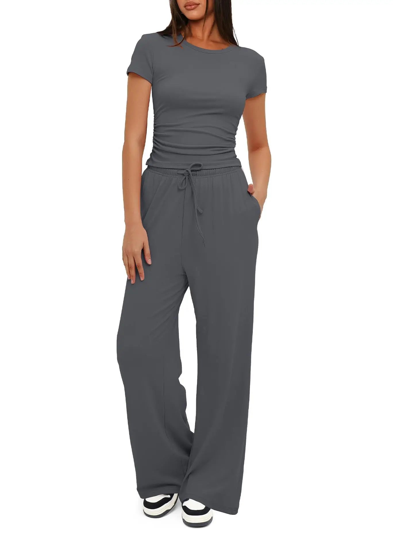 Ensemble Femme Mode 2 Pièces – Top Plissé & Pantalon Sport