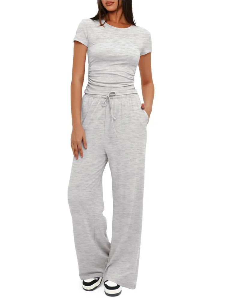 Ensemble Femme Mode 2 Pièces – Top Plissé & Pantalon Sport