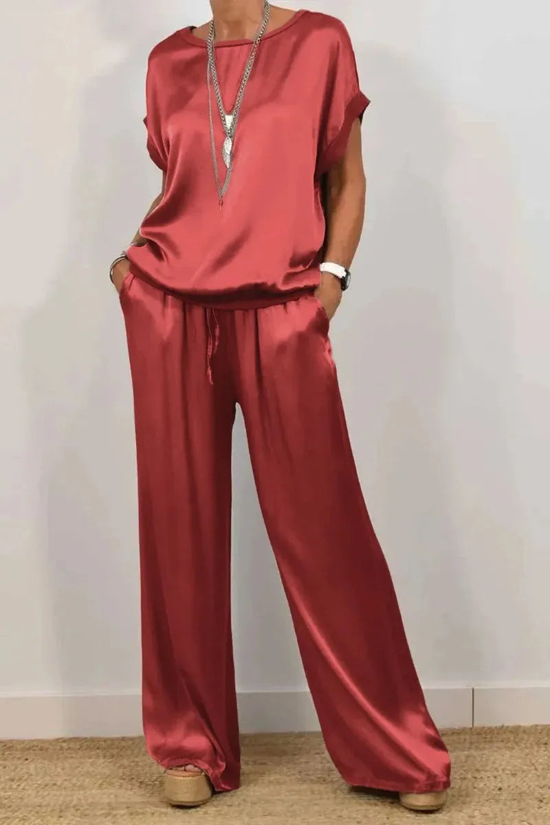 Ensemble Femme Satiné Été – T-shirt & Pantalon Large