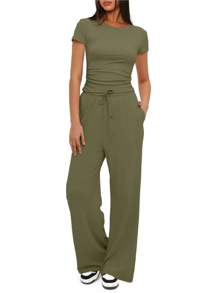 Ensemble Femme Mode 2 Pièces – Top Plissé & Pantalon Sport