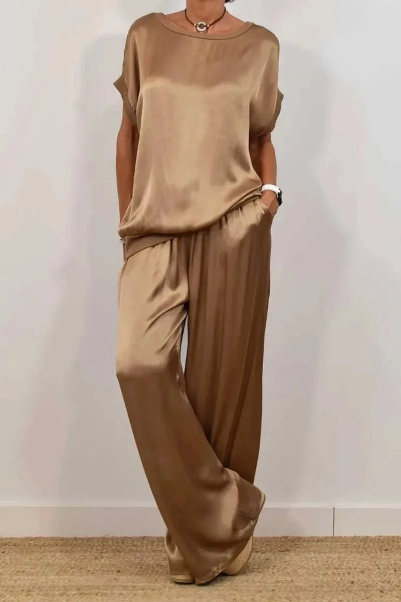 Ensemble Femme Satiné Été – T-shirt & Pantalon Large